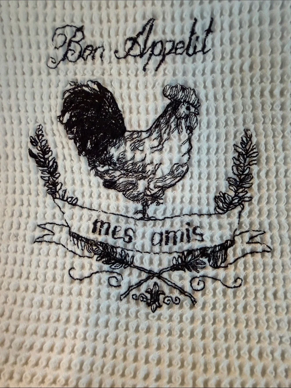 Vintage French Country Rooster Kitchen Towel Waffle Weave Bon Appétit